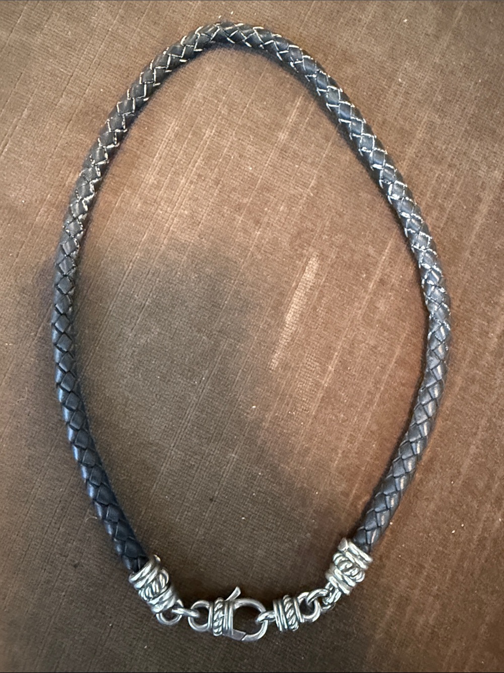 Judith Ripka Black Braided Leather Necklace with Sterling Silver Clasp